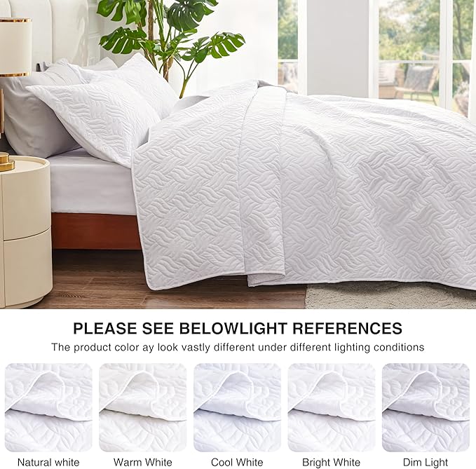 Love's cabin California King Size Quilt Bedding Set White Bedspread - Cal King Summer Lightweight Bedspread Comforter - Wave Pattern Coverlet for All Season - 3 Pieces (1 Quilt, 2 Pillow Shams)