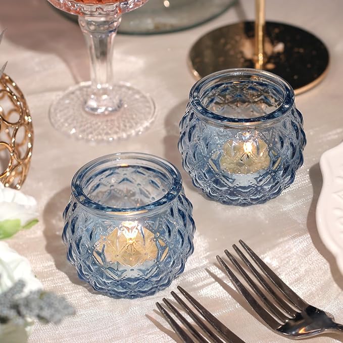 DARJEN 48Pcs Blue Round Candle Holders - Bulk Glass Candle Holders for Vintage Decoration, Tea Lights for Wedding Shower, Party & Gift