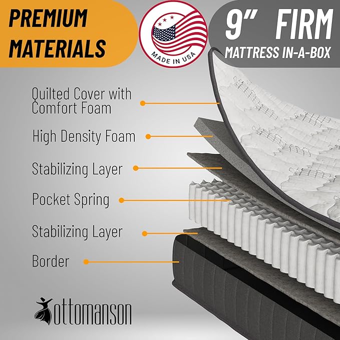 Ottomanson Full 9" Hybrid Mattress - Rock Hard Feel - Made in USA - Individually Pocketed Coils & CertiPUR-US Foam - Fiberglass-Free - Bed in a Box
