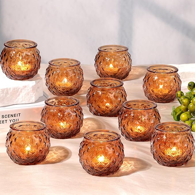 DARJEN Amber Votive Candle Holders Set of 24 - Round Glass Candle Holders for Table Centerpiece, Tea Lights for Home & Vintage Wedding Decorations