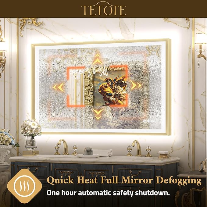 TETOTE Gold LED Mirror for Bathroom 55x30 Metal Frame Frontlit & Backlit Lighted Vanity Mirror Baroque Anti Fog Stepless Dimmable White/Warm/Natural,CRI90+,Wall Mounted(Horizontal/Vertical)