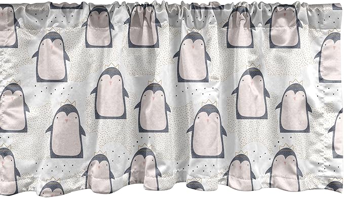 Ambesonne Penguin Window Valance Pack of 2, Pastel Colored Style Cartoon Animals from Antarctica Crowns on a Dotted Background, Rod Pocket Curtain Valances for Kitchen Bedroom, 54" X 12", Grey Pink