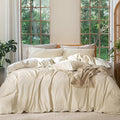 MooMee Bedding Duvet Cover Set 100% Washed Cotton Linen Like Textured Breathable Durable Soft Comfy (Heathered Almond Milk Grey, Super King Plus 120"x120")