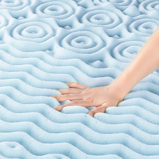 Mellow 4 Inch 5-Zone Memory Foam Mattress Topper, Cooling Gel Infusion, Dorm Essentials, Queen Blue