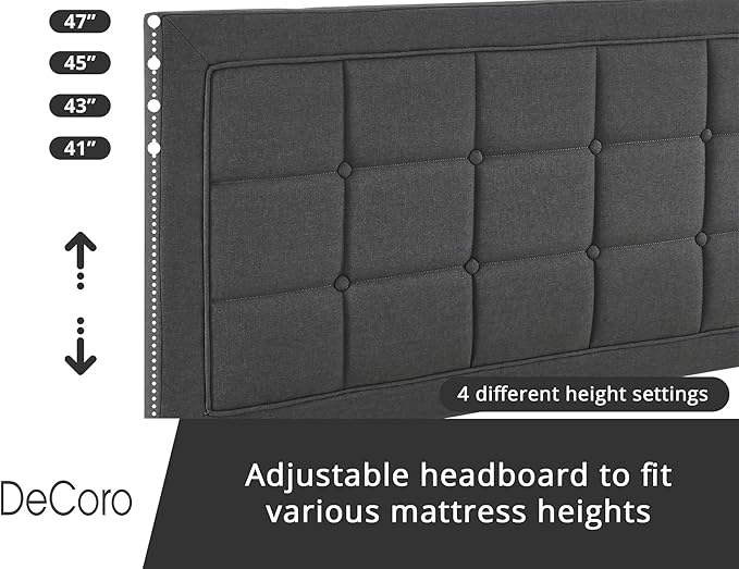 Decoro Mornington Upholstered 2.0 Platform Bed, Button-Tufted Fabric Headboard and Metal Frame with Wood Slat Support, Dark Grey, Full