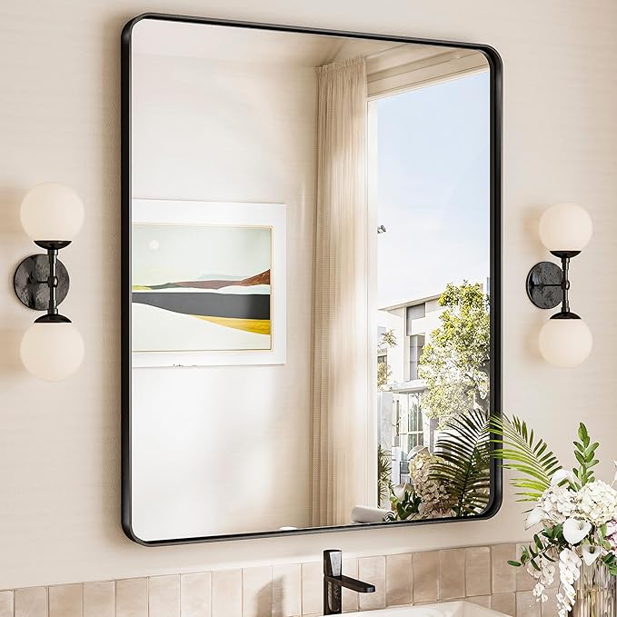 TokeShimi 30x36 Black Mirror for Bathroom,Modern Bathroom Vanity Mirror,Tempered Glass,Matte Black Aluminum Framed Mirror(Horizontal/Vertical)