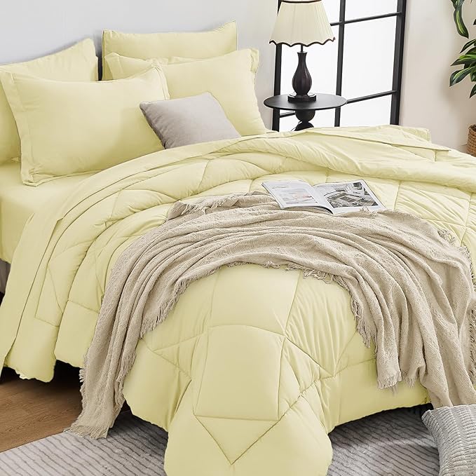 HEVUMYI Cream Yellow King Comforter Set - 7-Piece All Season Bed in a Bag King, Ultra Soft Bedding Set with Comforter, Flat Sheet, Fitted Sheet, Pillowcases, Pillow Shams