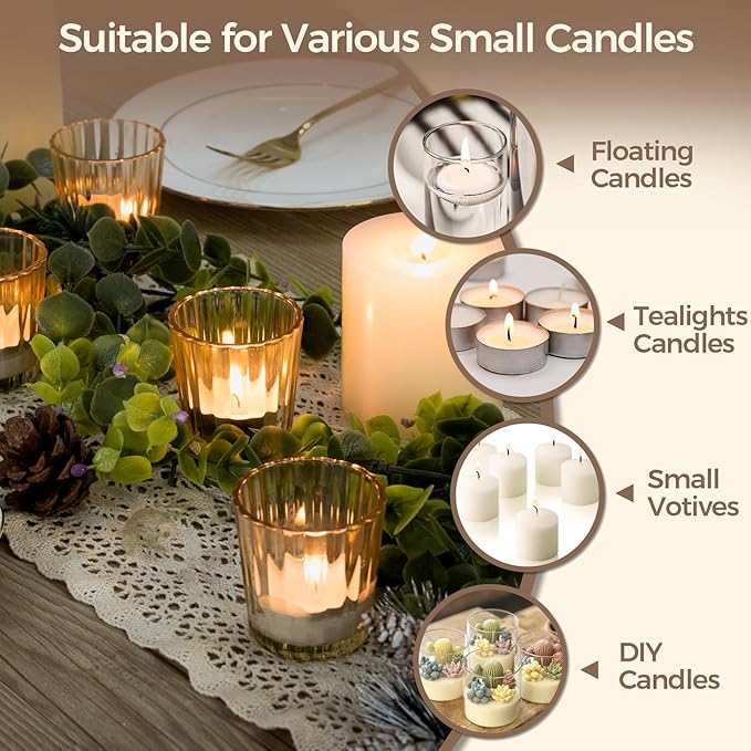 ComSaf Votive Candle Holders, 24 PCS Glass Candle Holders, Ribbed Tealight Candle Holder for Table Centerpieces, Gold Candle Holder for Wedding, Party, Baby Shower, Special Occasions, Fall Home Decor