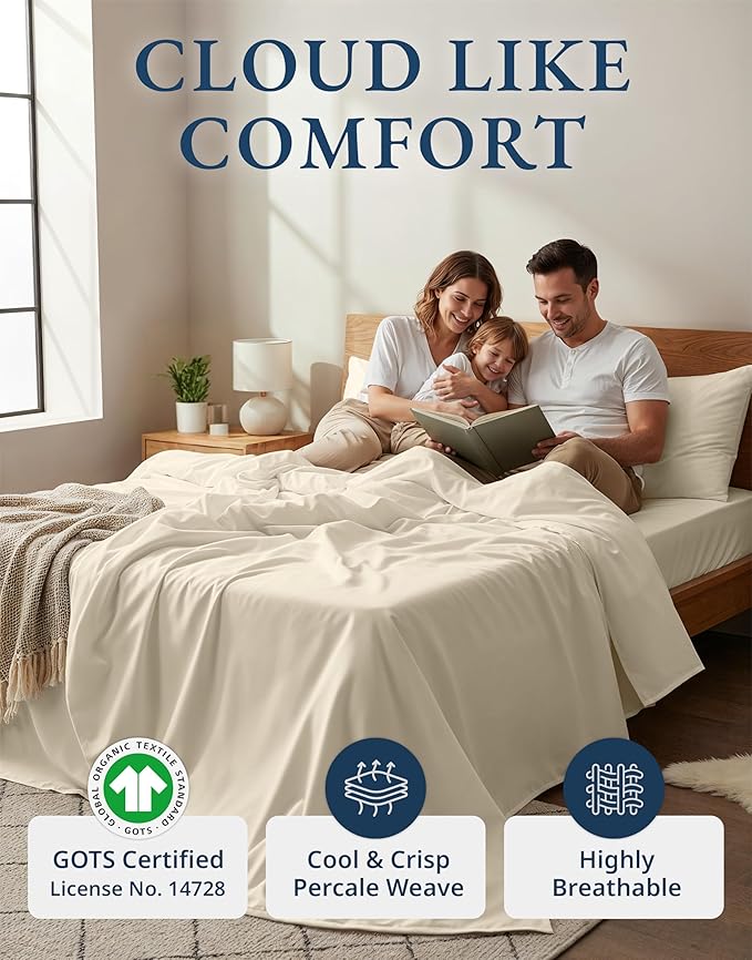 LANE LINEN 100% Organic Cotton Full Sheets Set, 4-Piece Pure Organic Cotton Percale Sheets, Long Staple Cotton Sheet, Ultra Soft Bedding Sheet, Breathable,Fits Mattress Upto 15" Deep - Natural