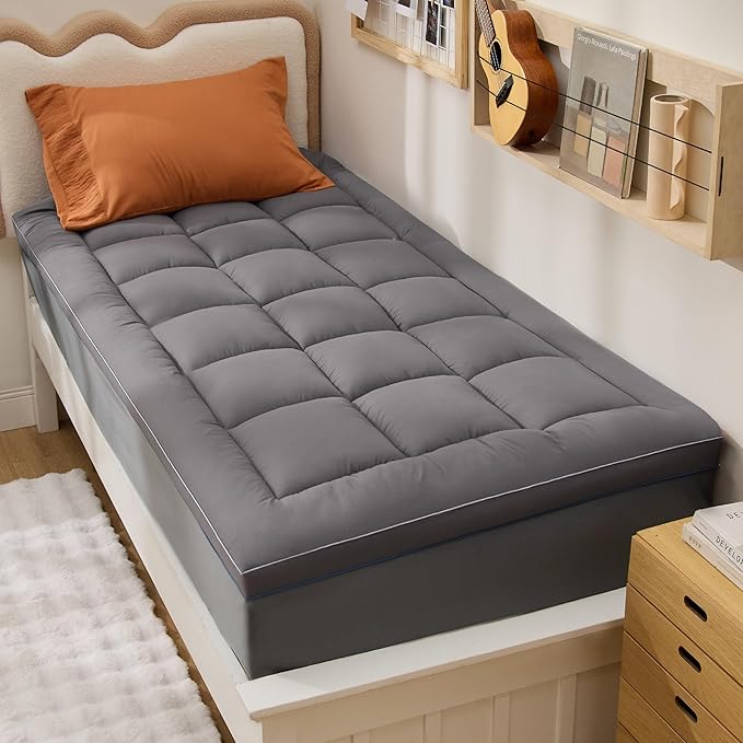 Bedsure Twin XL Mattress Topper Dorm Bedding - Extra Thick with Deep Pocket fits up to 21 Inches, Plush Soft Pillow-Top Bed Topper for Back Pain Relief, Overfilled with Down Alternative Filling, Grey