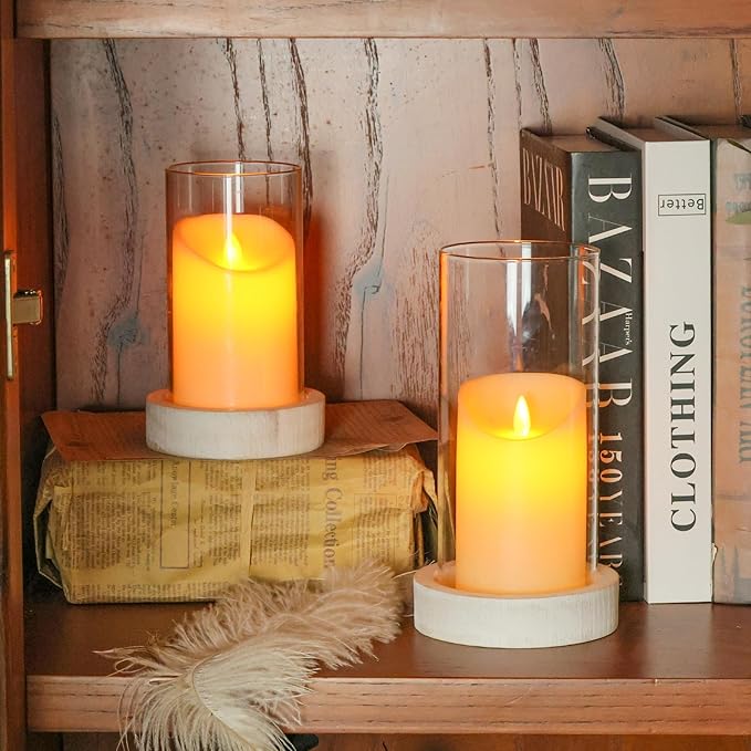 Set of 2 Hurricane Candle Holders with Wood Base & Glass Cylinder (4.2x5.9” & 4.6x7.8”) – Rustic Wooden Candle Holders for Home Decor, Weddings, Table Centerpieces
