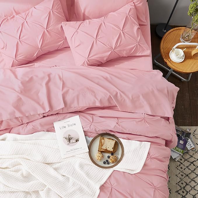 Bedsure Twin Comforter Set Baby Pink - Bed in a Bag Twin Size Bedding 5 Pieces, GentleSoft™ Pintuck Bed Set Gift for Family, Pinch Pleat Pink Comforter with Sheets, Pillowcase & Sham
