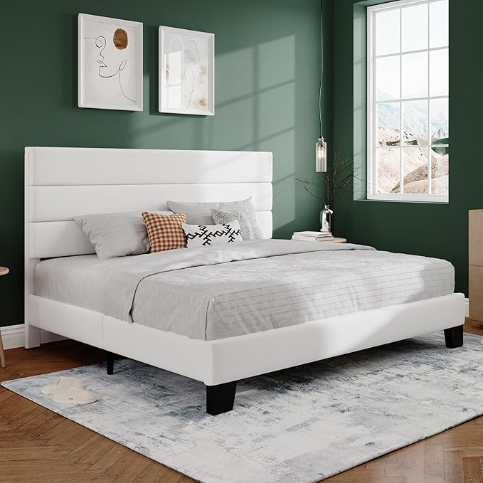 SHA CERLIN King Platform Bed Frame with Velvet Upholstered Headboard, Mattress Foundation with Strong Wooden Slats Support, No Box Spring Needed, White