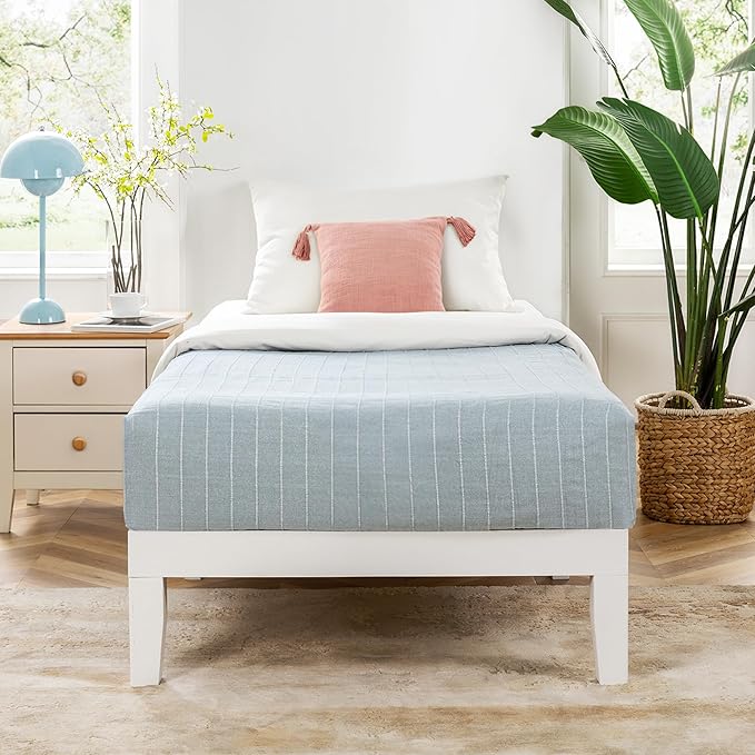 Mellow Naturalista Classic 12 Inch Solid Wood Platform Bed with Wooden Slats, Twin, White