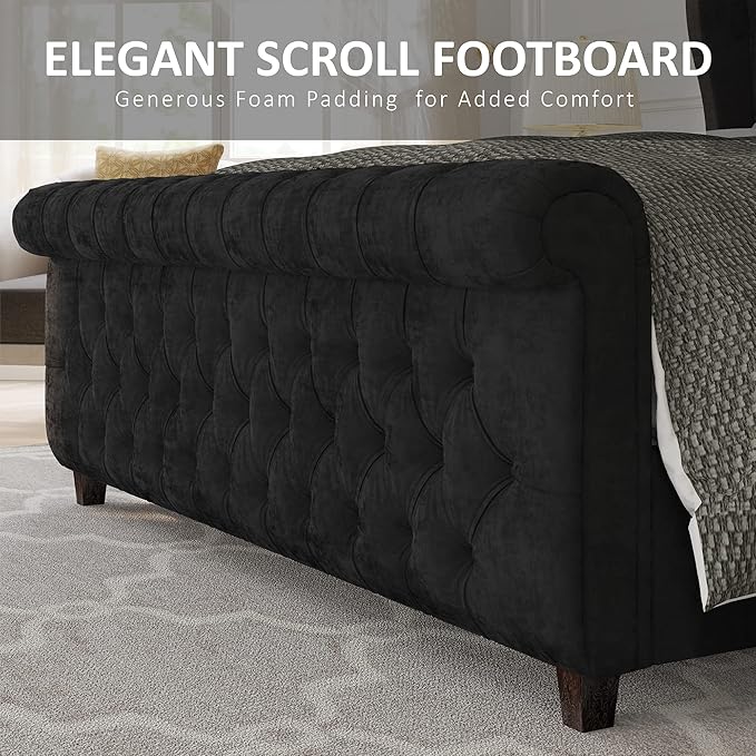 AMERLIFE Queen Size Platform Bed Frame, Velvet Upholstered Sleigh Bed with Scroll Wingback Headboard Footboard/Button Tufted/No Box Spring Required/Easy Assembly/Black