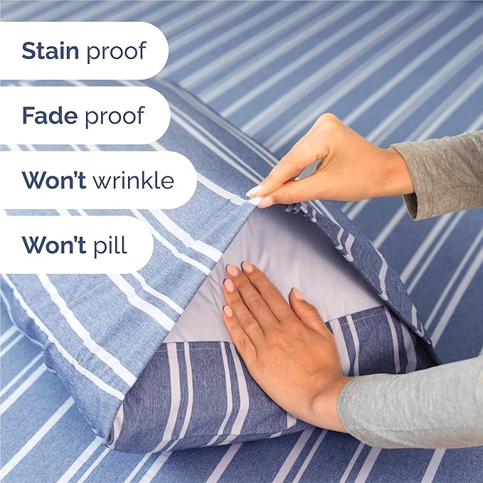 King 6 Piece Sheet Set - Comfy Breathable & Cooling - Soft Hotel Luxury Bedding Set with 8-16 Inch Deep Pockets - 1 Flat & 1 Fitted Sheet & 4 Pillowcases - Wrinkle Free & Easy Care - Blue Stripes 3