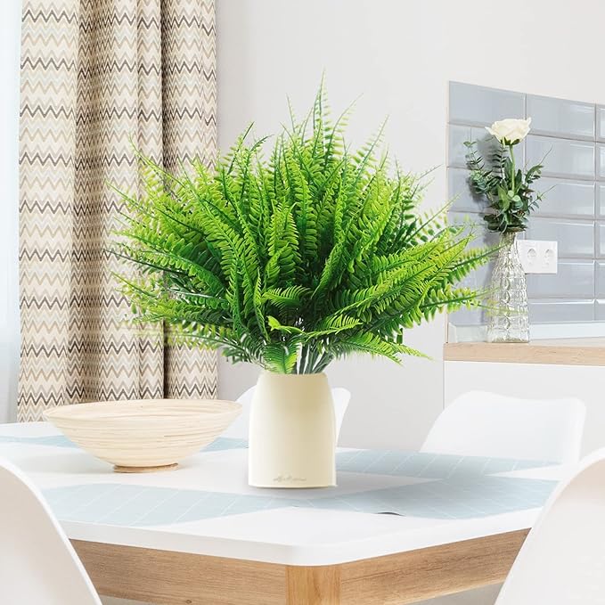 8 Bundles Ferns Artificial Plant Flower Outdoor Fake Boston Fern Bushes UV Resistant Plastic Faux Fern Greenery Stems Leaves for Home Indoor Outside Ground Porch Garden Arrangements Décor