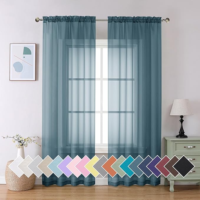 Aiyufeng Dusty Blue Sheer Curtains 90 Inches Long 2 Panels Set, Light Filtering Soft Airy Voile Rod Pocket Dusty Blue Sheer Window Drapes for Bedroom Living Room, Each 42Wx90L Inches