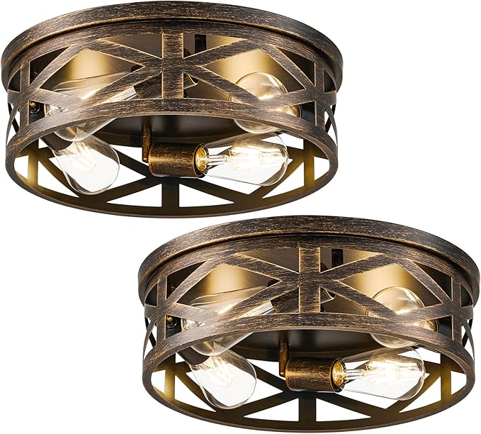 VONLUCE Flush Mount Ceiling Lights, 4-Light Hallway Ceiling Lighting Fixtures, 15 inch Farmhouse Metal Cage Ceiling Lights for Entryway Kitchen, Adjustable Lamp Holders, 2 pcs, Oil-Rubbed Bronze
