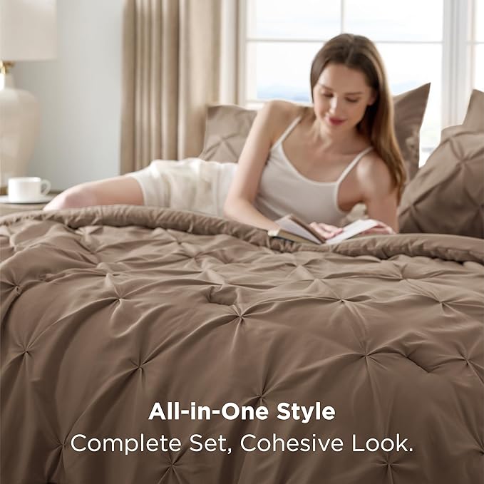 Bedsure King Size Comforter Set Brown - Bed in a Bag Bedding Set 7 Pieces, GentleSoft™ Pintuck Bed Set Gift for Family, Pinch Pleat Brown Comforter with Sheets, Pillowcases & Shams