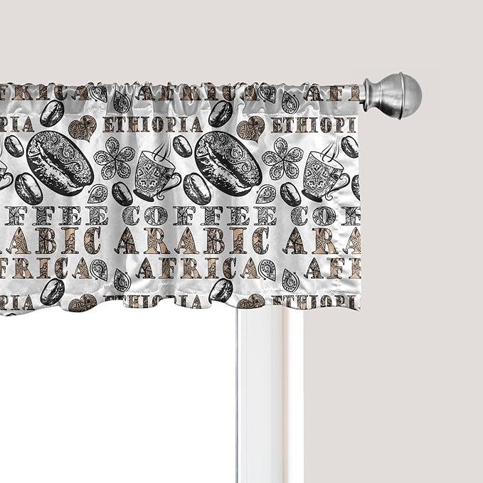 Ambesonne Modern Window Valance, Coffee Beans with Ornamental Words Ethiopians Pattern, Curtain Valance for Kitchen Bedroom Decor with Rod Pocket, 54" X 12", Sand Brown Black