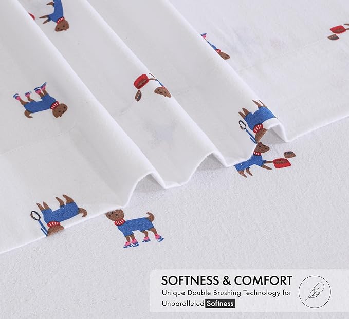 RUVANTI Flannel Sheets King Size - 100% Cotton Brushed King Bed Sheets Set - Deep Pockets 16 Inches - All Seasons Breathable & Extra Soft - Warm & Cozy, 4 Piece, Puppy Playoff