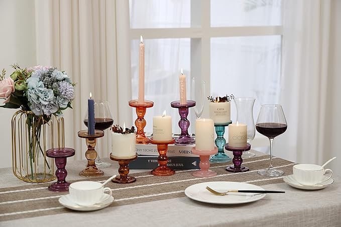 GMWD 3 Pcs Glass Candle Holder Set Clear, Purple Candlesticks Holders Pillar Taper Candles Tealight Stand for Wedding Centerpieces Home Decorations Dining Table