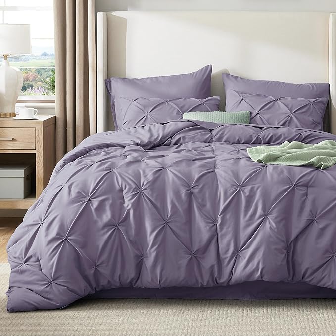 Bedsure King Size Comforter Set Grayish Purple - Bed in a Bag Bedding Set 7 Pieces, GentleSoft™ Pintuck Bed Set Gift for Family, Pinch Pleat Grayish Purple Comforter with Sheets, Pillowcases & Shams