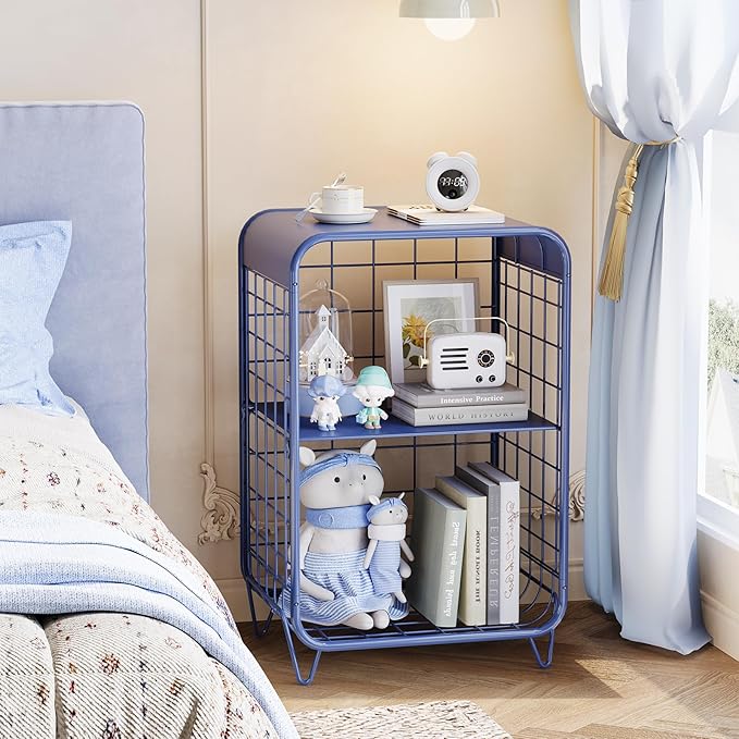 APEXCHASER Cute Nightstand,Metal Side Table,3-Tier Modern End Table with Storage Shelf, Unique Side Tables, Cute Coffee Table for Living Room, Small Table for Bedroom,Navy Blue