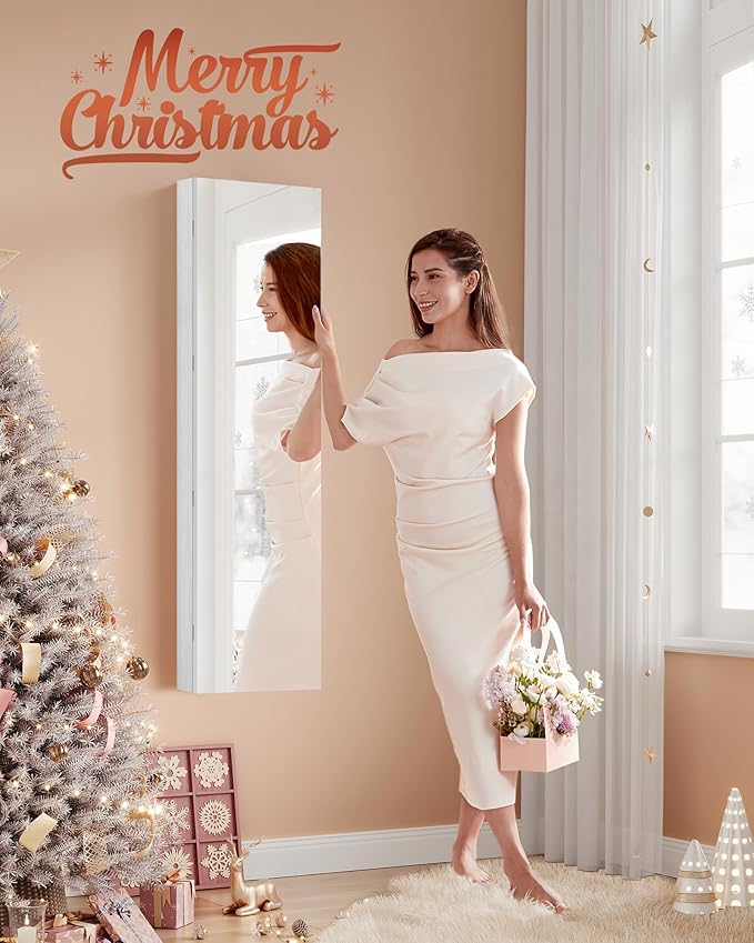 SONGMICS 55 Inches Tall Spacious Jewelry Cabinet, Jewelry Armoire with Light-Up Interior Mirror, Wall or Door Mounted Jewelry Storage Organizer, Lockable, Gift Idea, Cloud White UJJC032W01