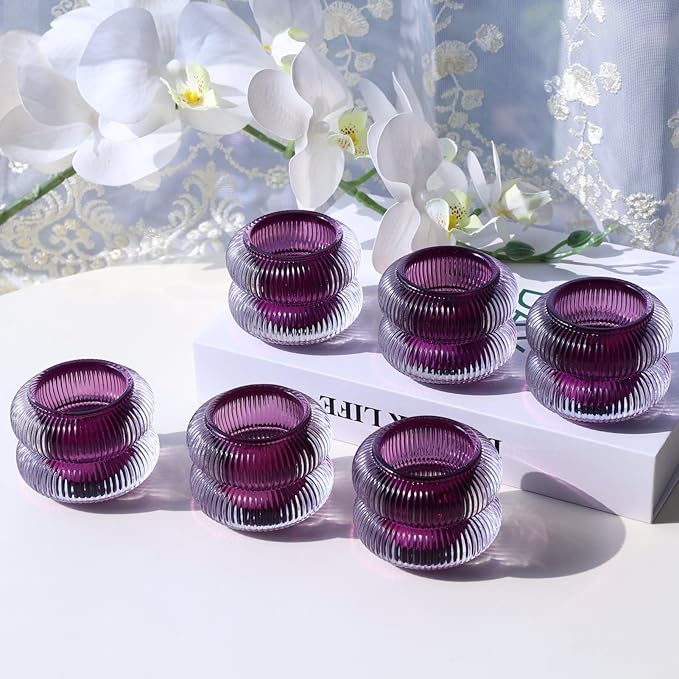 Woho Ribbed Votive Candle Holders Set of 6 for Wedding Decor, Vintage Tealight Candle Holder for Halloween/Thanksgiving, Glass Tea Lights Candle Holder for Dinner Table (Purple, 2.1" H X 2.75" D)