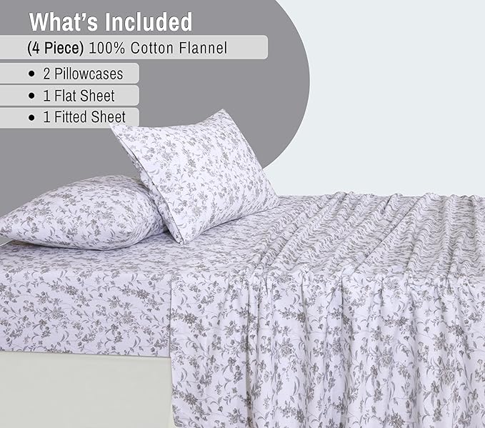 RUVANTI Flannel Sheets King Size - 100% Cotton Brushed King Size Sheets Set - Deep Pockets 16 Inches Bed Sheets - All Seasons Breathable & Extra Soft - Warm & Cozy, 4 Piece, Vintage Flora