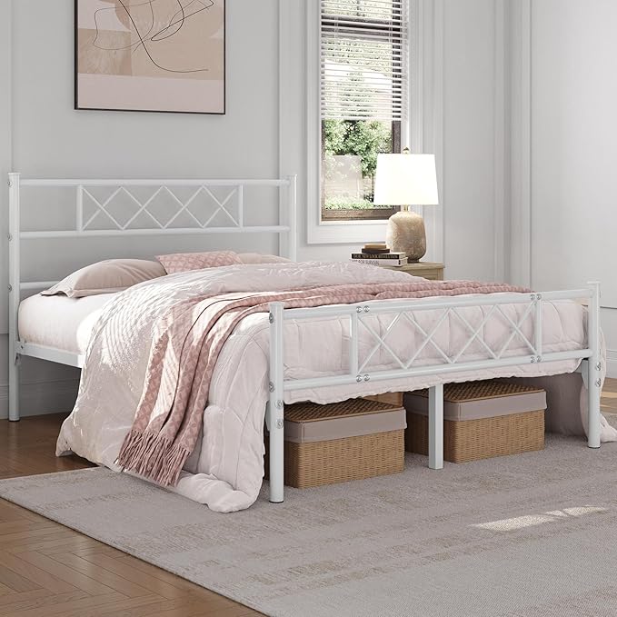 Yaheetech Full Size Metal Platform Bed Frame with Simple Headboard and Footboard, Mattress Foundation for Under Bed Storage, Steel Slat Support, No Box Spring Needed, Easy Assembly, White