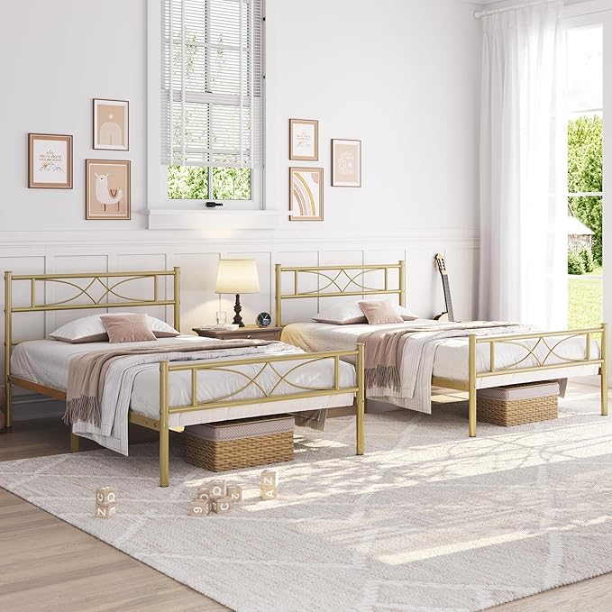 Yaheetech Twin Metal Bed Frame, Platform Bed Frame, Mattress Foundation with Curved Design Headboard & Footboard, Heavy-Duty Support, Easy Assembly, Twin, Antique Gold