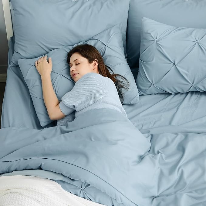 Bedsure California King Comforter Set - Bed in a Bag Cal King Bedding Set 7 PCS, GentleSoft™ Pintuck Bed Set Gift for Family, Pinch Pleat Light Blue Comforter with Sheets, Pillowcases & Shams