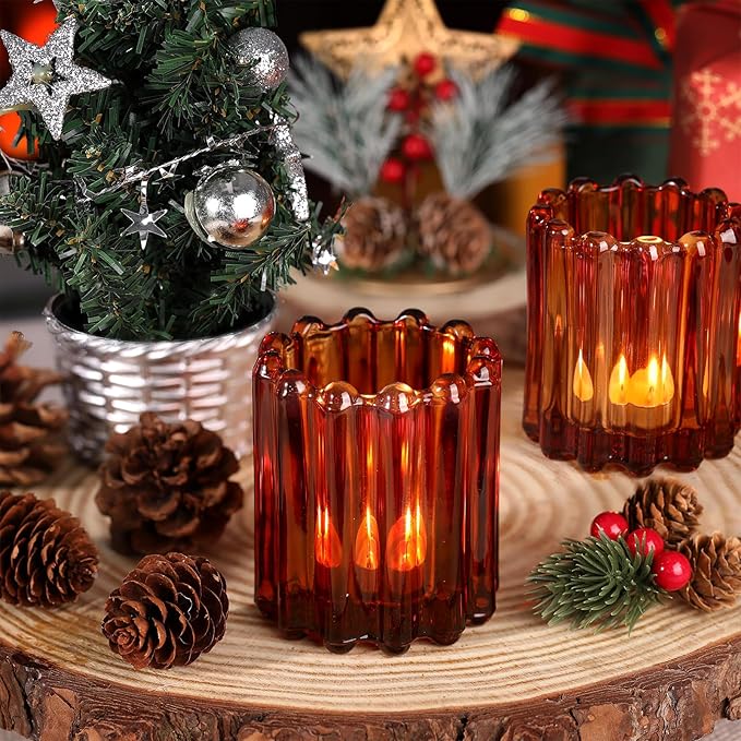 6pcs Votive Candle Holder, Amber Glass Vintage Candle Holders, Tealight Candle Holder for Boho Fall Wedding Centerpieces Dinner Party Table Decor