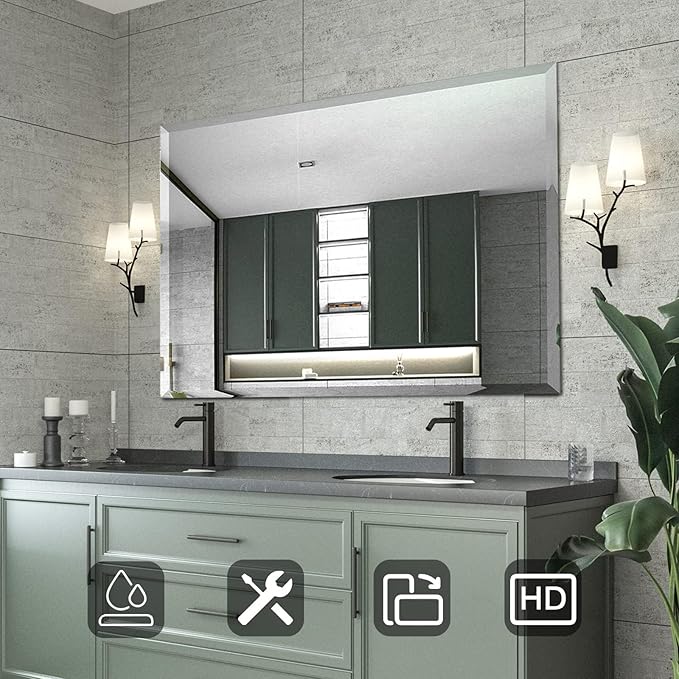 Mirrorons Beveled Mirror, Wall Mirror 40" x 32", Frameless Rectangle Bathroom Vanity Mirror with Beveled Edge, Hangs Horizontally or Vertically. Upgraded Shatterproof