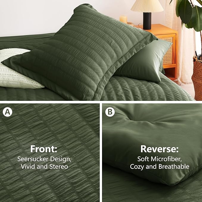 CozyLux Full Size Comforter Sets with Sheets Seersucker 7 Pieces Olive Green Bed in a Bag Textured Luxury Soft Bedding Set with Down Alternative Comforter, Sheets, Pillowcases & Shams for All Seasons