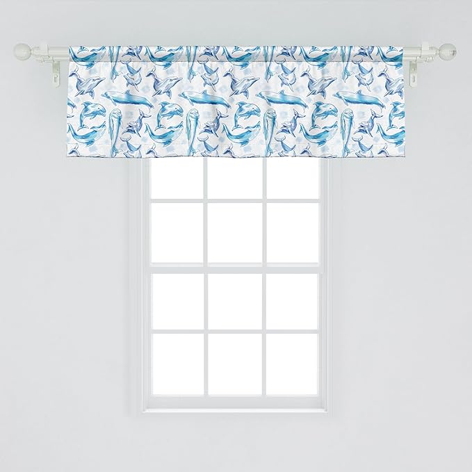 Ambesonne Sea Animals Window Valance, Sketch of Bottlenose Dolphins Playing Laughing in The Ocean Sea Life Print, Curtain Valance for Kitchen Bedroom Decor with Rod Pocket, 42" x 18", Turquoise White