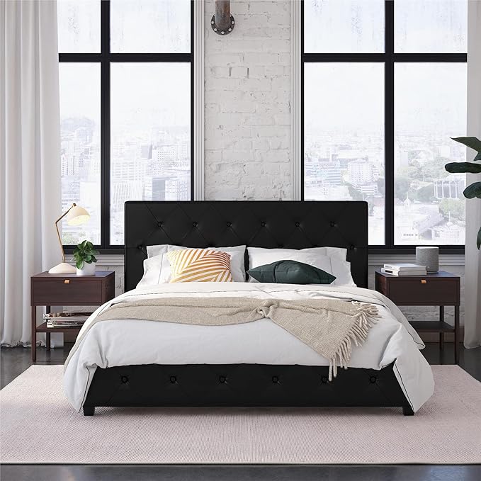 DHP Dakota Upholstered Platform Bed with Diamond Button Tufted Headboard and Footboard, No Box Spring Needed, Full, Black Faux Leather