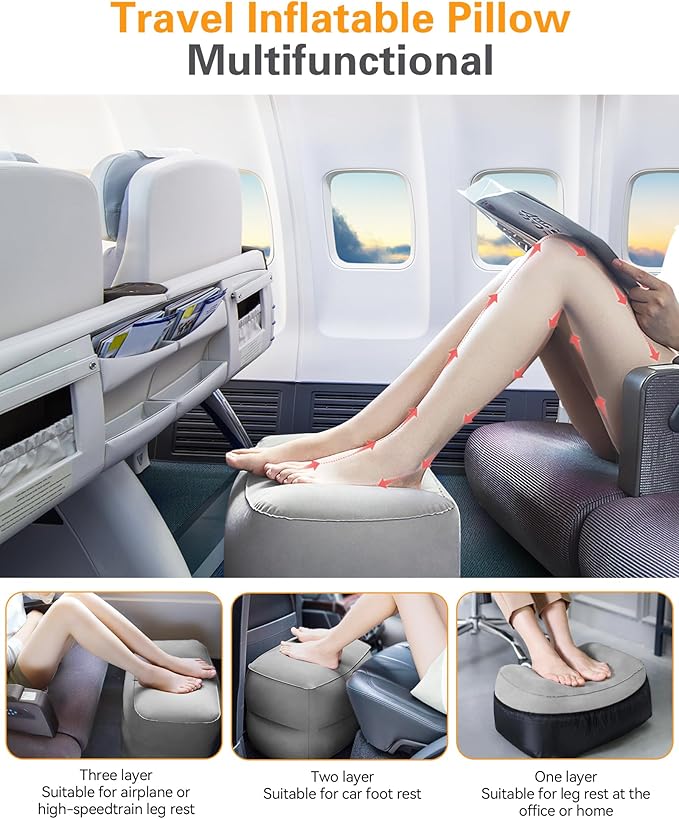 Sunany Inflatable Travel Foot Rest Pillow, Airplane Bed for Kids and Toddler, Adjustable Height Portable Elevating Leg, Trains, Cars, Home, Office (2 Pack)