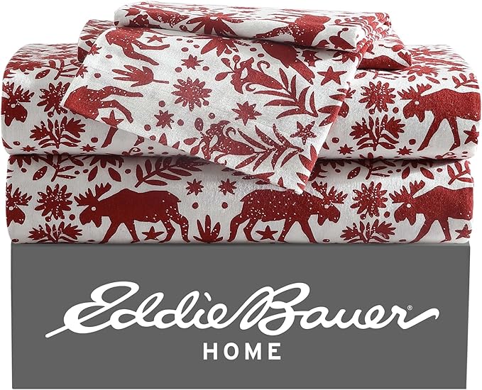 Eddie Bauer 3 Pc Flannel Sheets Twin Size - 100% Cotton Breathable & Soft Twin Sheets Set (1 Flat, 1 Flannel Fitted Sheet & 1 Pillowcase) - 12" Deep Pocket All Seasons Sheet Set (Arcadia Red)