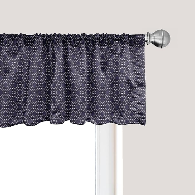 Ambesonne Navy Blue Window Valance Pack of 2, Geometric Dotted Pattern Design with Abstract Ogee Shapes Grid Ornament Tile, Rod Pocket Curtain Valances for Kitchen Bedroom, 54" X 18", Dark Blue Tan
