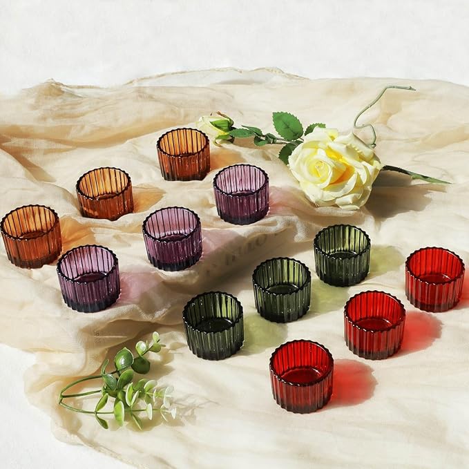 VOHO 24pcs Multicolor Votive Candle Holders for Centerpiece Table Decorations, Ribbed Glass Christmas Candle Holder Gifts for Women, Festive Tealight Candle Holder for Votive/Tea Lights Candles