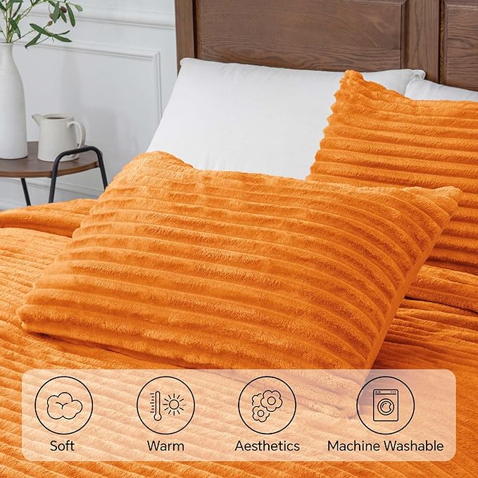 BEDELITE Fleece King Comforter Set -Super Soft & Warm Fluffy Burnt Orange Bedding, Luxury Fuzzy Heavy Bed Set for Winter with 2 Pillow Cases