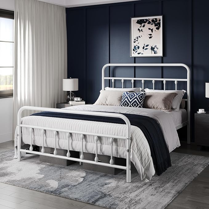 Yaheetech Classic Metal Platform Bed Frame Mattress Foundation with Victorian Style Iron-Art Headboard/Footboard/Under Bed Storage/No Box Spring Needed/Full Size White