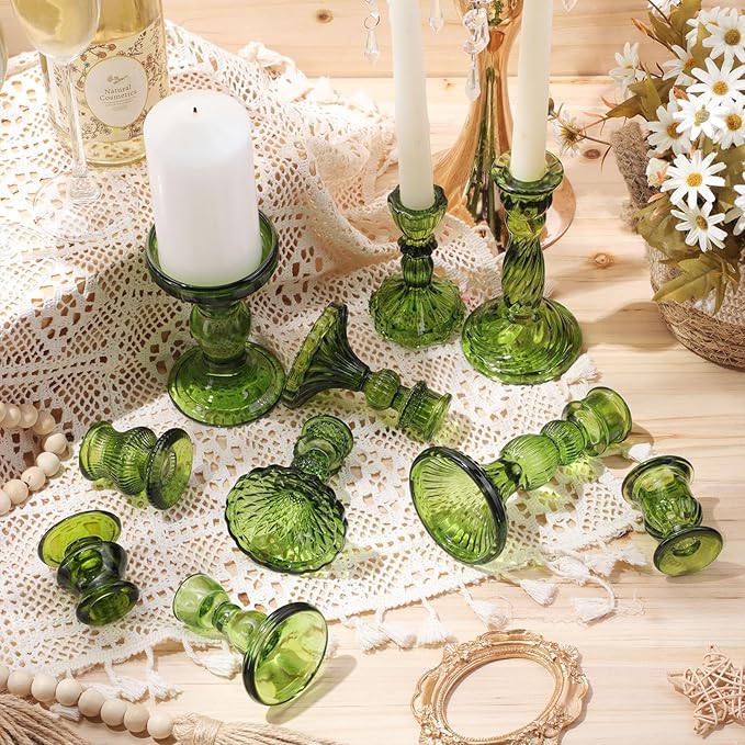 Mumufy 10 Pcs Glass Crystal Taper Candle Holders Clear Glass Candlestick Holder Fit 0.8 Inch Candles Crystal Decorative Candle Stand Centerpiece Table Wedding Dining Party (Classic,Green)