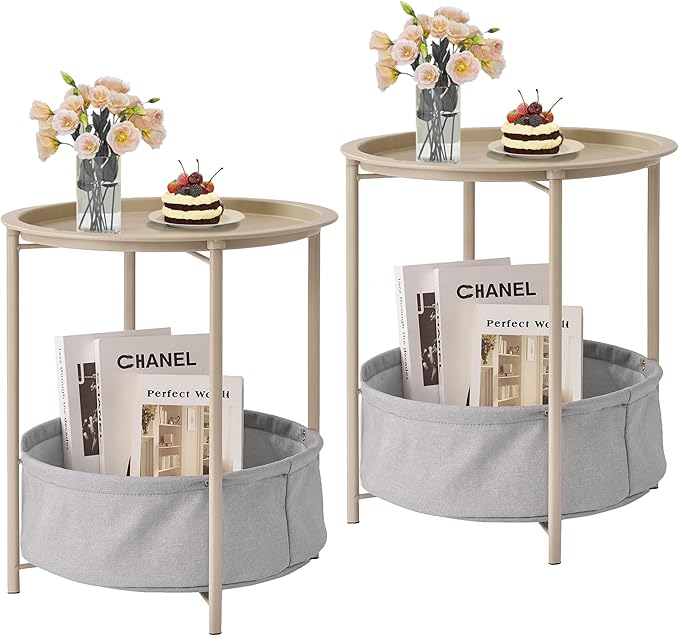 VECELO Round Side/End Table with Fabric Storage Basket，Metal Anti-Rust and Waterproof Small Bedside Nightstand with Removable Tray Top for Living Room，Balcony & Laundry，Grey /2pcs with Basket