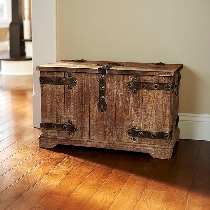 Household Essentials 2 Piece Decorative Trunks, Victorian Set, Small and Large, Chinese Fir Wood, Aged-Wood Finish with Metal Accents, Fully Opening Lid, Stout Design, Ring Handles