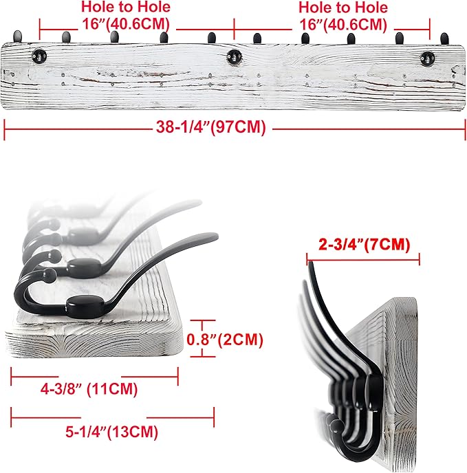 Dseap Coat Rack Wall - Heavy-Duty 38-1/4" Long, with Reinforced 10 Custom Tri-Hooks, Solid Wood Wall Hanger for Coats Hat Jackets - Rustic Farmhouse Entryway Storage, White & Black, Pack of 2